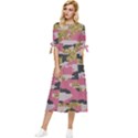 Abstract Glitter Gold, Black and Pink Camo Bow Sleeve Chiffon Midi Dress View1