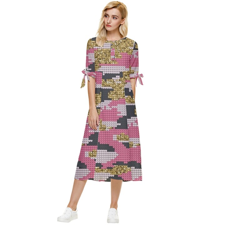 Abstract Glitter Gold, Black and Pink Camo Bow Sleeve Chiffon Midi Dress