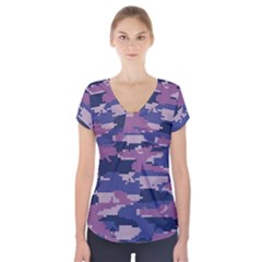 Abstract Purple Camo Short Sleeve Front Detail Top by AnkouArts