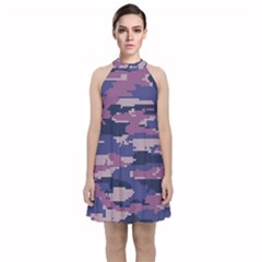 Abstract Purple Camo Velvet Halter Neckline Dress 