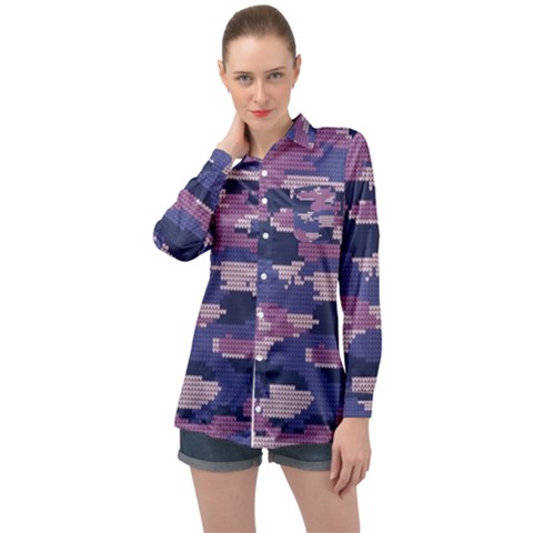 Abstract Purple Camo Long Sleeve Satin Shirt by AnkouArts