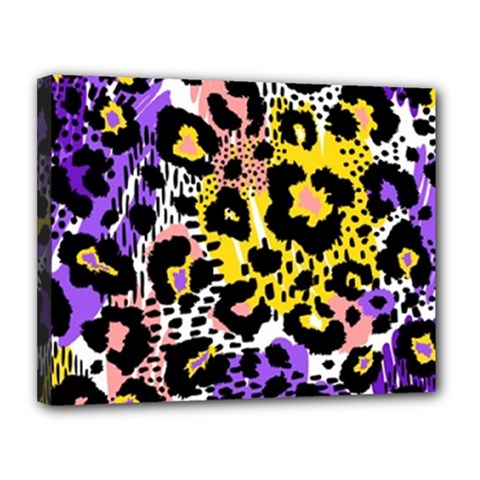 Black Leopard Print With Yellow, Gold, Purple And Pink Canvas 14  X 11  (stretched) by AnkouArts