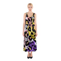 Black Leopard print with yellow, gold, purple and pink Sleeveless Maxi Dress