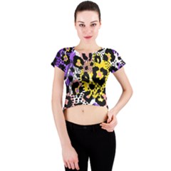 Black Leopard Print With Yellow, Gold, Purple And Pink Crew Neck Crop Top by AnkouArts