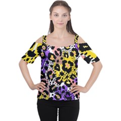 Black Leopard print with yellow, gold, purple and pink Cutout Shoulder Tee