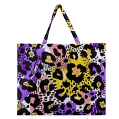 Black Leopard print with yellow, gold, purple and pink Zipper Large Tote Bag