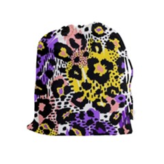 Black Leopard Print With Yellow, Gold, Purple And Pink Drawstring Pouch (xl) by AnkouArts