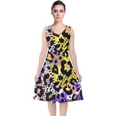 Black Leopard print with yellow, gold, purple and pink V-Neck Midi Sleeveless Dress 