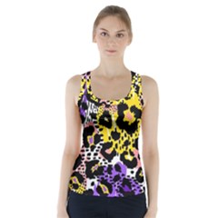 Black Leopard Print With Yellow, Gold, Purple And Pink Racer Back Sports Top by AnkouArts