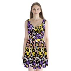 Black Leopard print with yellow, gold, purple and pink Split Back Mini Dress 