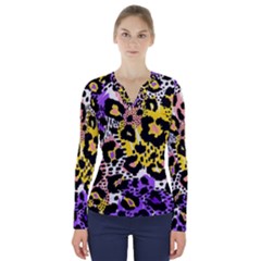 Black Leopard print with yellow, gold, purple and pink V-Neck Long Sleeve Top