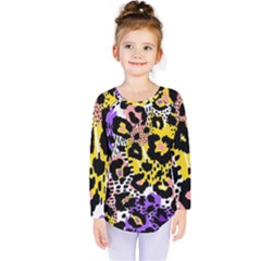 Black Leopard print with yellow, gold, purple and pink Kids  Long Sleeve Tee