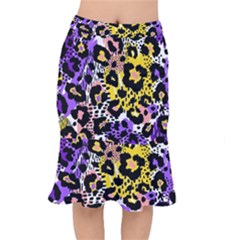 Black Leopard print with yellow, gold, purple and pink Short Mermaid Skirt