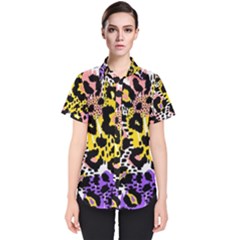 Black Leopard print with yellow, gold, purple and pink Women s Short Sleeve Shirt