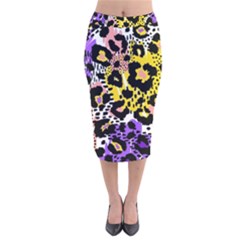 Black Leopard print with yellow, gold, purple and pink Velvet Midi Pencil Skirt