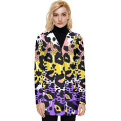 Black Leopard print with yellow, gold, purple and pink Button Up Hooded Coat 