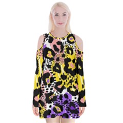 Black Leopard Print With Yellow, Gold, Purple And Pink Velvet Long Sleeve Shoulder Cutout Dress