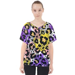 Black Leopard print with yellow, gold, purple and pink V-Neck Dolman Drape Top