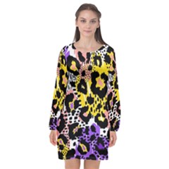 Black Leopard print with yellow, gold, purple and pink Long Sleeve Chiffon Shift Dress 