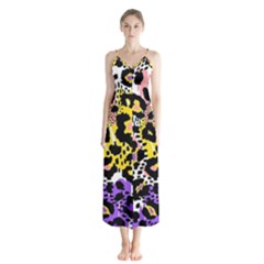 Black Leopard print with yellow, gold, purple and pink Button Up Chiffon Maxi Dress