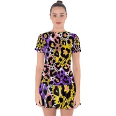 Black Leopard print with yellow, gold, purple and pink Drop Hem Mini Chiffon Dress