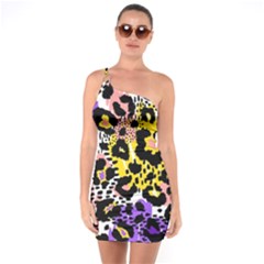 Black Leopard print with yellow, gold, purple and pink One Soulder Bodycon Dress