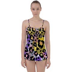 Black Leopard Print With Yellow, Gold, Purple And Pink Babydoll Tankini Set by AnkouArts