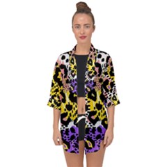 Black Leopard print with yellow, gold, purple and pink Open Front Chiffon Kimono