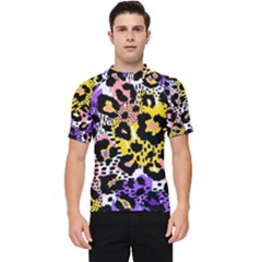 Black Leopard print with yellow, gold, purple and pink Men s Short Sleeve Rash Guard