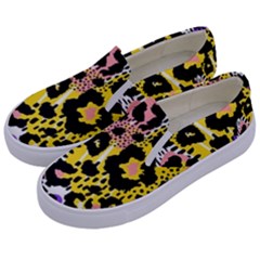 Black Leopard print with yellow, gold, purple and pink Kids  Canvas Slip Ons