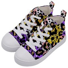 Black Leopard Print With Yellow, Gold, Purple And Pink Kids  Mid-top Canvas Sneakers by AnkouArts