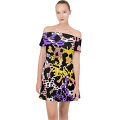 Black Leopard print with yellow, gold, purple and pink Off Shoulder Chiffon Dress