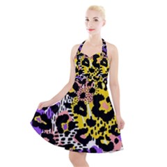 Black Leopard Print With Yellow, Gold, Purple And Pink Halter Party Swing Dress  by AnkouArts