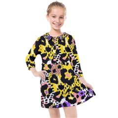 Black Leopard print with yellow, gold, purple and pink Kids  Quarter Sleeve Shirt Dress