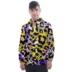 Black Leopard print with yellow, gold, purple and pink Men s Front Pocket Pullover Windbreaker