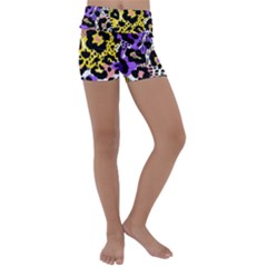 Black Leopard print with yellow, gold, purple and pink Kids  Lightweight Velour Yoga Shorts