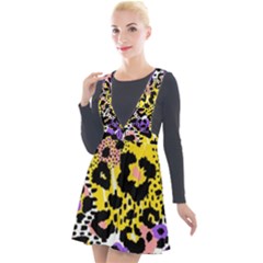 Black Leopard Print With Yellow, Gold, Purple And Pink Plunge Pinafore Velour Dress by AnkouArts