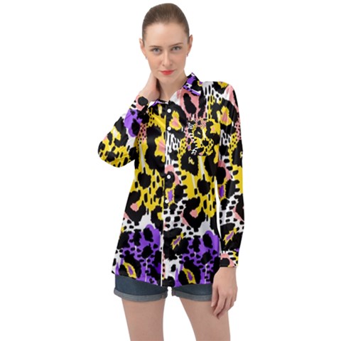 Black Leopard Print With Yellow, Gold, Purple And Pink Long Sleeve Satin Shirt by AnkouArts