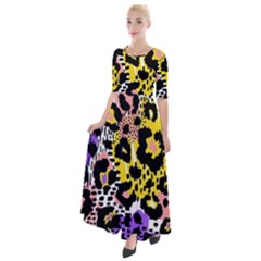 Black Leopard print with yellow, gold, purple and pink Half Sleeves Maxi Dress