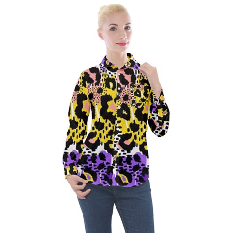 Black Leopard Print With Yellow, Gold, Purple And Pink Women s Long Sleeve Pocket Shirt by AnkouArts