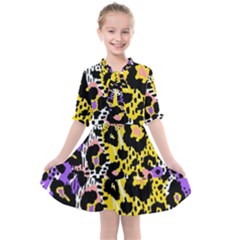 Black Leopard Print With Yellow, Gold, Purple And Pink Kids  All Frills Chiffon Dress by AnkouArts