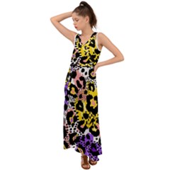 Black Leopard Print With Yellow, Gold, Purple And Pink V-neck Chiffon Maxi Dress by AnkouArts