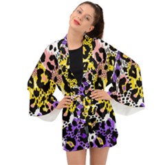 Black Leopard Print With Yellow, Gold, Purple And Pink Long Sleeve Kimono by AnkouArts