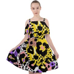 Black Leopard print with yellow, gold, purple and pink Cut Out Shoulders Chiffon Dress