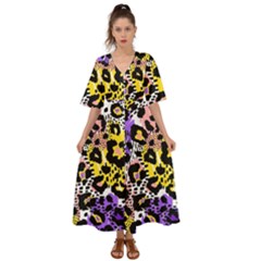 Black Leopard print with yellow, gold, purple and pink Kimono Sleeve Boho Dress