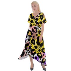 Black Leopard print with yellow, gold, purple and pink Cross Front Sharkbite Hem Maxi Dress