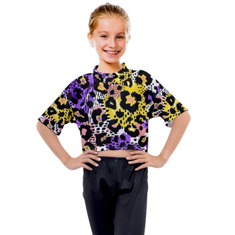 Black Leopard Print With Yellow, Gold, Purple And Pink Kids Mock Neck Tee by AnkouArts