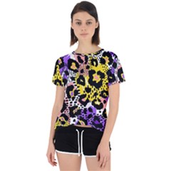 Black Leopard Print With Yellow, Gold, Purple And Pink Open Back Sport Tee by AnkouArts