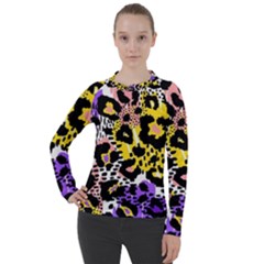 Black Leopard print with yellow, gold, purple and pink Women s Pique Long Sleeve Tee