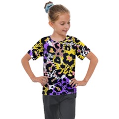 Black Leopard print with yellow, gold, purple and pink Kids  Mesh Piece Tee